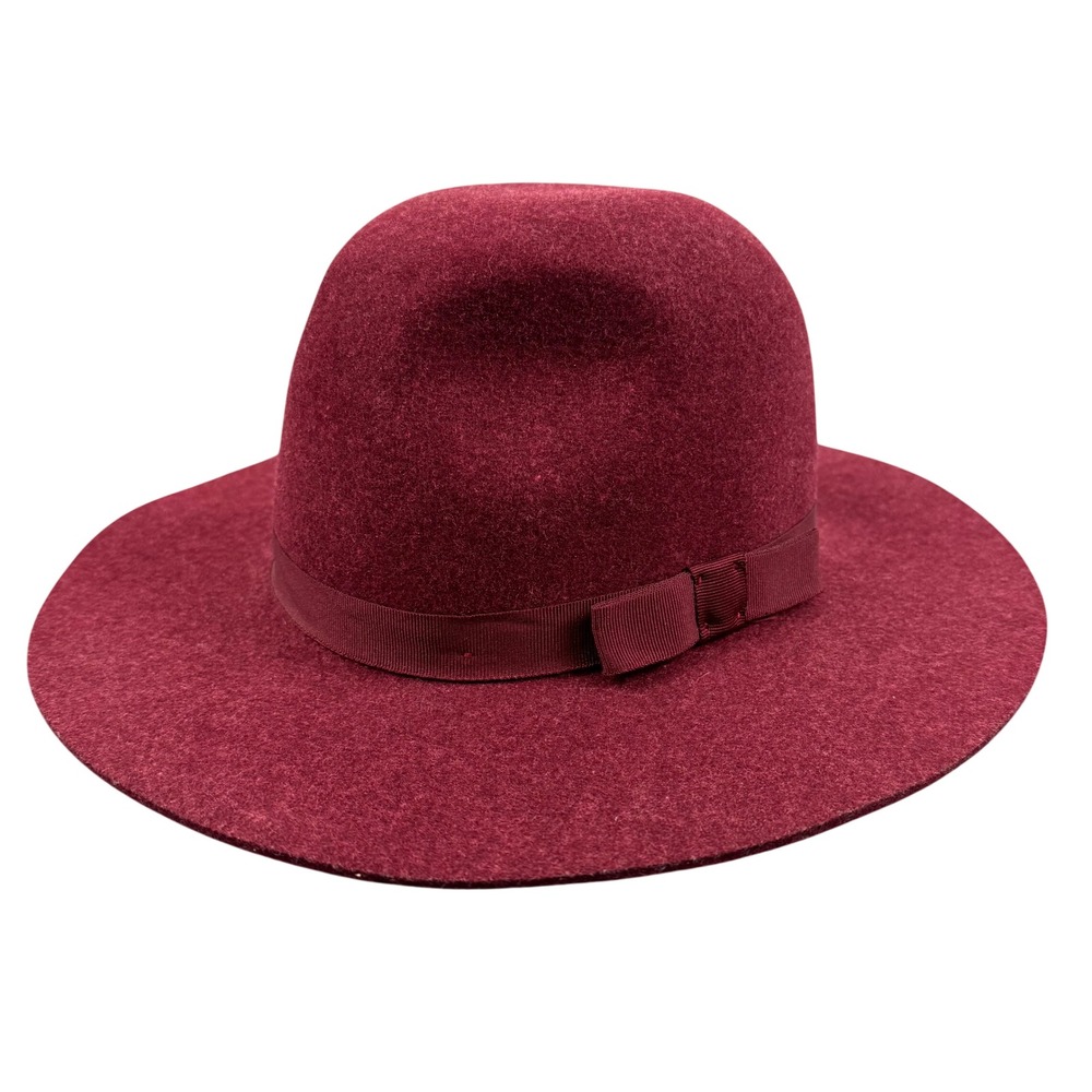 Brixton Wide Brim Wool Round Top Hat‎ Womens Small Burgundy/Wine Felt Ribbon Bow